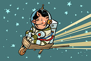Pig astronaut rides on a wooden