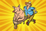 A farmer is transporting a pig on a