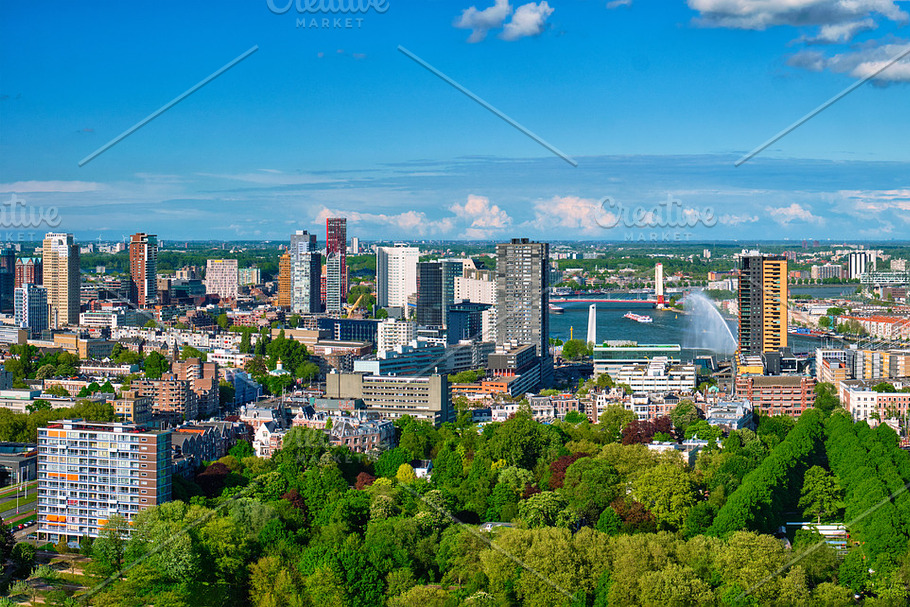 Aerial panorama of Rotterdam city