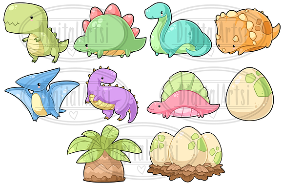 Kawaii Dinosaurs Clipart in Illustrations - product preview 1