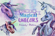 Magical purple unicorn PNG set