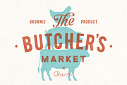 Poster for butcher market. Cow, pig