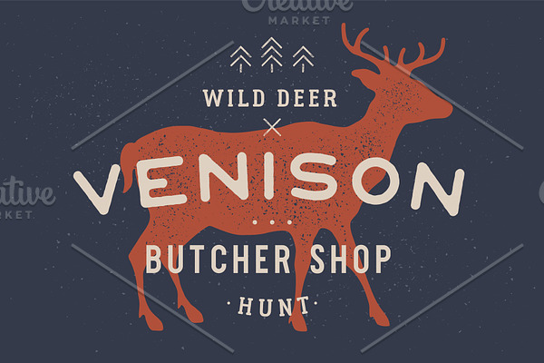 Venison, deer. Vintage logo, retro