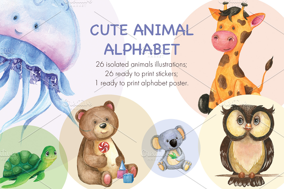 Cute watercolor animal alphabet in Illustrations - product preview 8