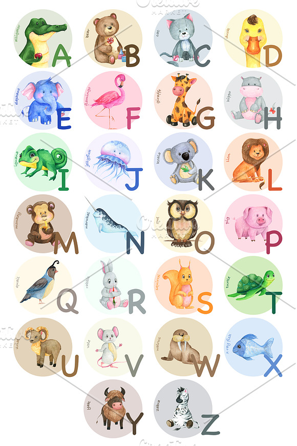 Cute watercolor animal alphabet in Illustrations - product preview 5