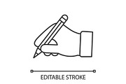 Hand holding pencil linear icon