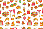 Colored  hand drawn fast food  patte