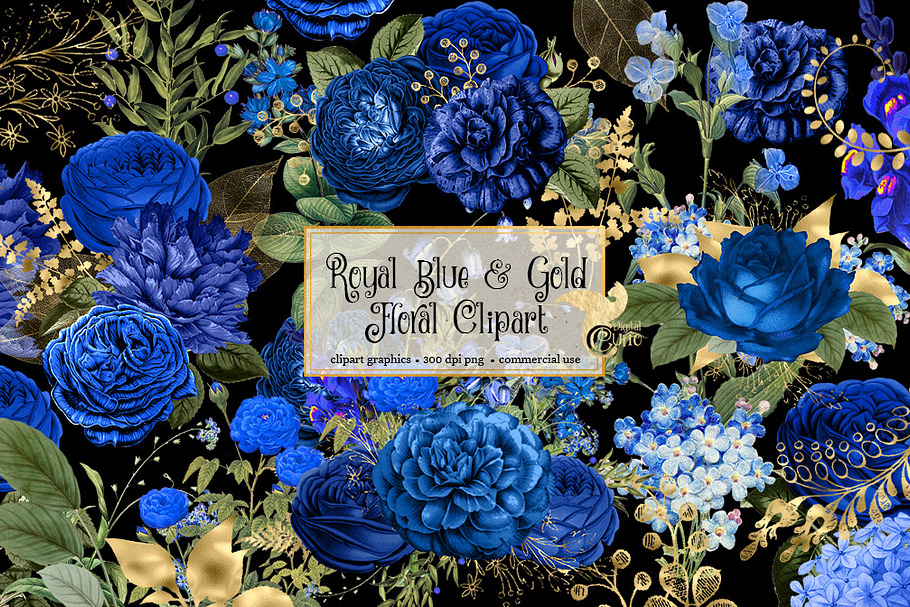 Royal Blue and Gold Floral Clipart
