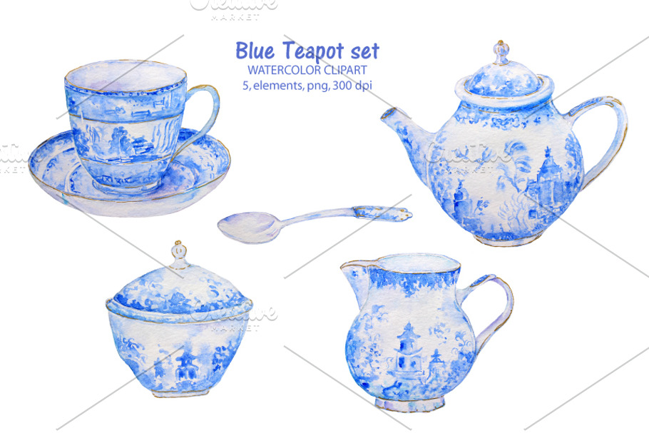 Watercolor clipart blue teapot cup