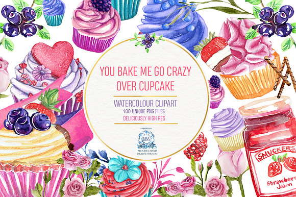 Cupcakes: 106 Watercolor Clipart  in Illustrations - product preview 5