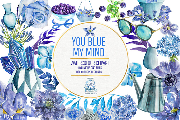 Blue Floral Watercolor Clipart Pack  in Illustrations - product preview 6