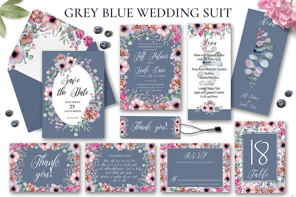 Floral Gray Blue Wedding Invitation 