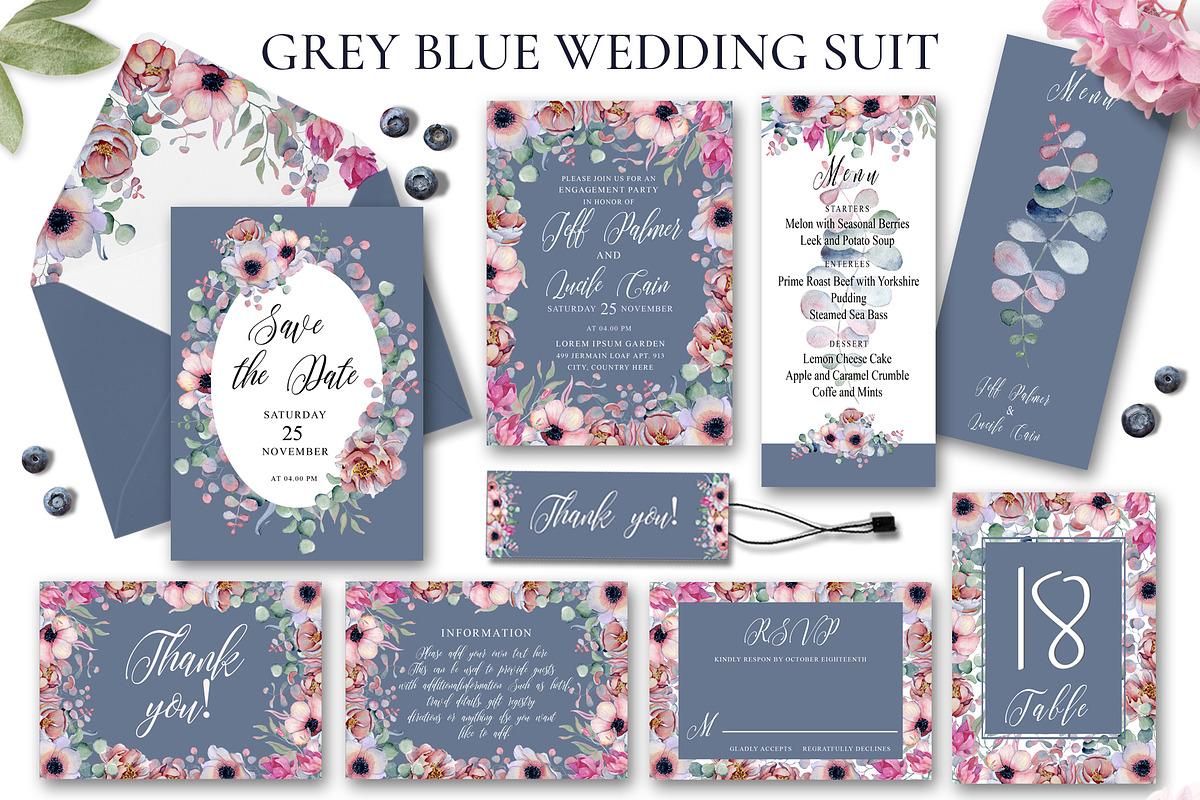 Floral Gray Blue Wedding Invitation  in Wedding Templates - product preview 8
