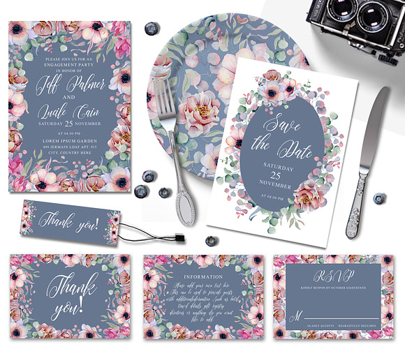 Floral Gray Blue Wedding Invitation  in Wedding Templates - product preview 1