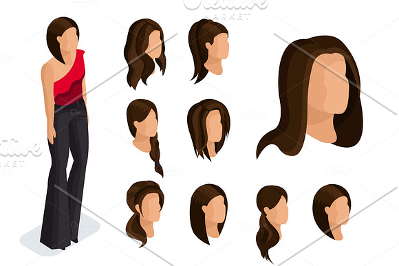 Isometric set of female hairstyles in Illustrations - product preview 1