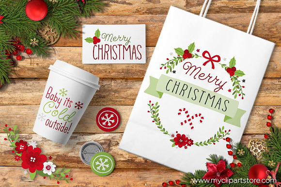 Christmas Wreath & Flowers Clipart in Illustrations - product preview 1