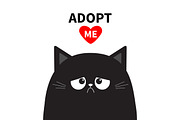 Adopt me.Black sad cat face, heart.