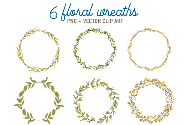 6 green Floral wreaths clip art