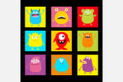 Cute monster round square icon set. 