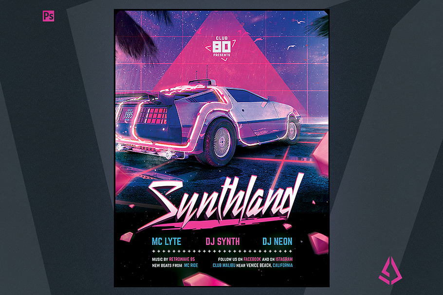 Synthwave Flyer v2 Retrowave Poster in Flyer Templates - product preview 8