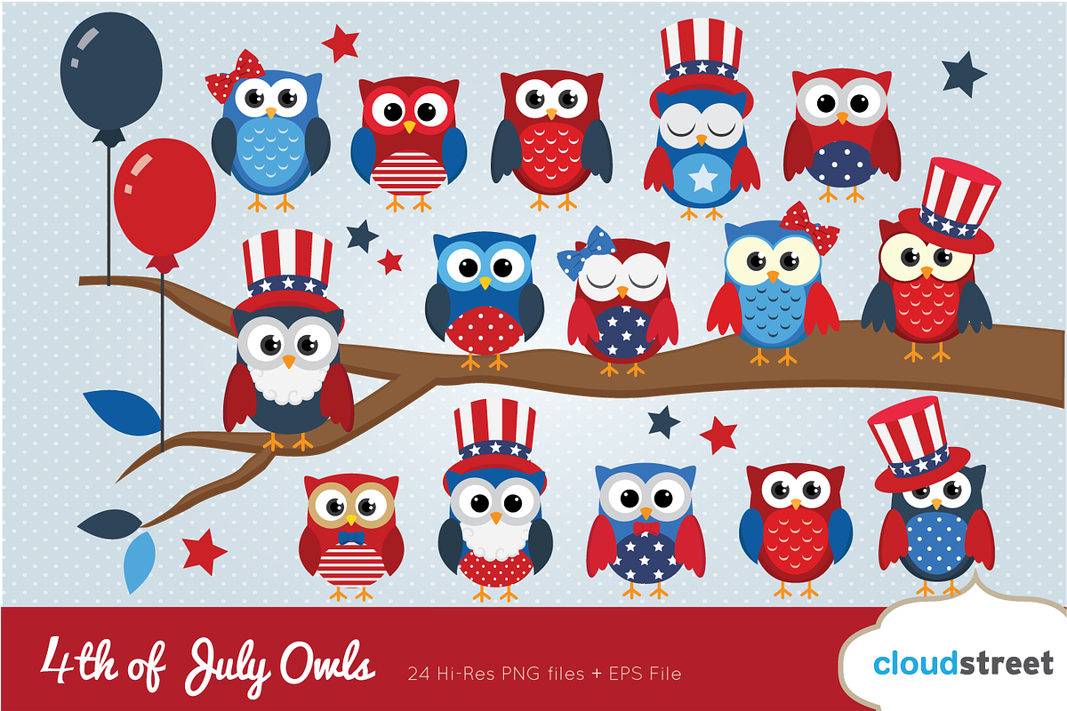 4th of July Owls Clip Art in Illustrations - product preview 8