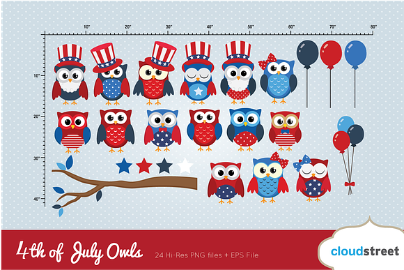 4th of July Owls Clip Art in Illustrations - product preview 1
