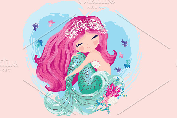 Cute mermaid girl.Cartoon character.
