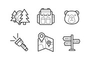 Hiking and camping linear icons set