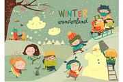 Happy cute kids playing winter games