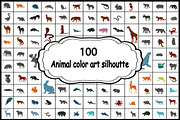 Set 100 colorful silhouettes animals
