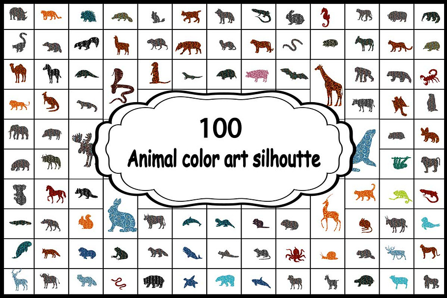Set 100 colorful silhouettes animals