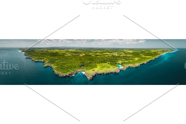 Panorama island, ocean. Aerial drone