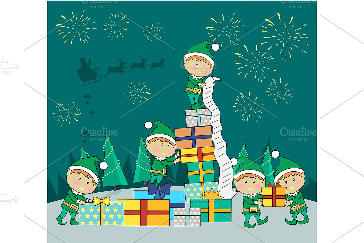 Christmas Elves Packing Presents in Textures - product preview 8