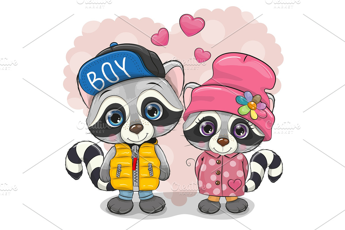 Two cute cartoon Raccoons boy and in Illustrations - product preview 8