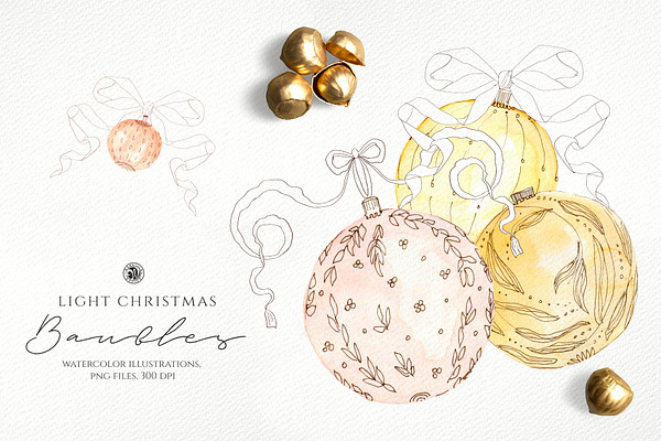 Light Christmas Watercolor Baubles