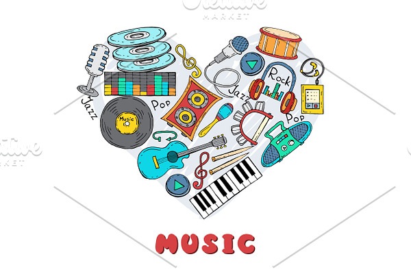 Heart with hand drawn music symbols