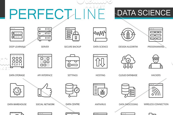 Data Science analysis line icons set