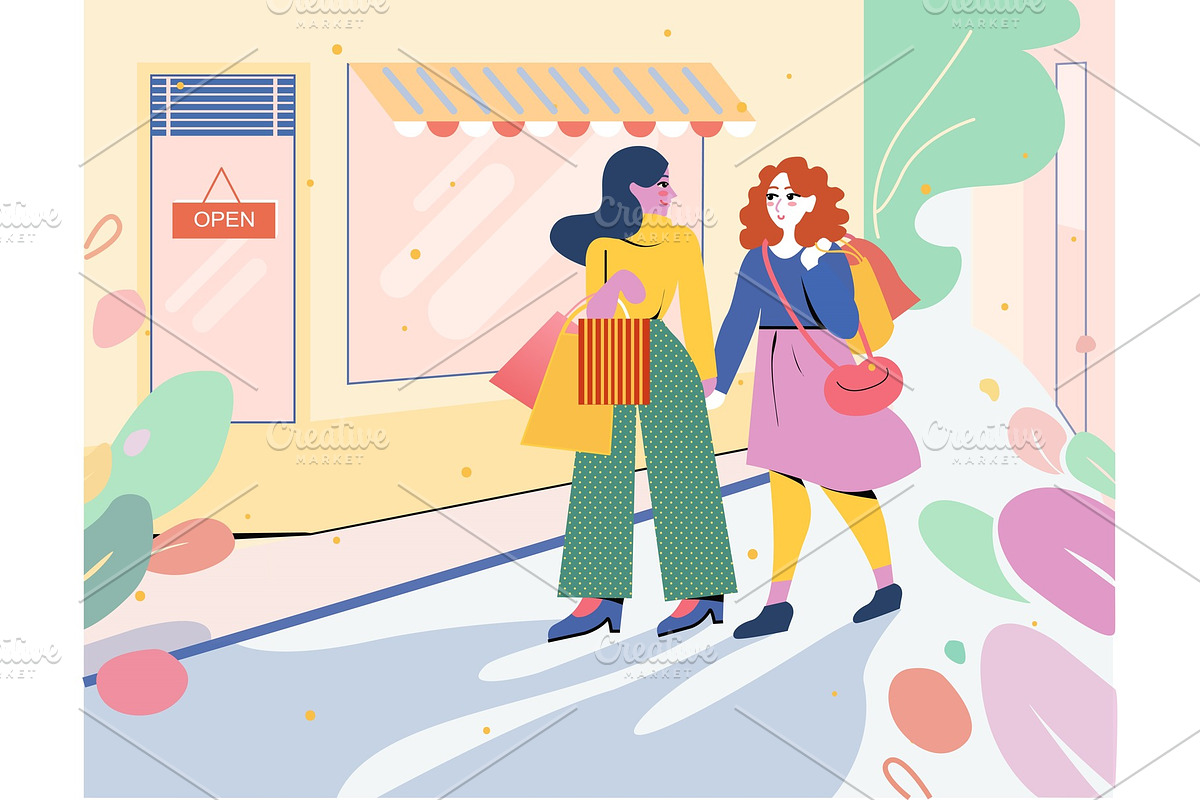 Two girls go from the store with in Illustrations - product preview 8