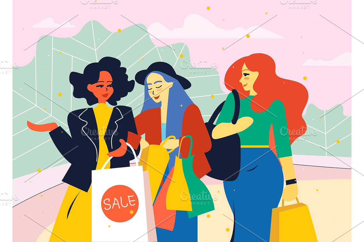 Female friends go from the store in Illustrations - product preview 8