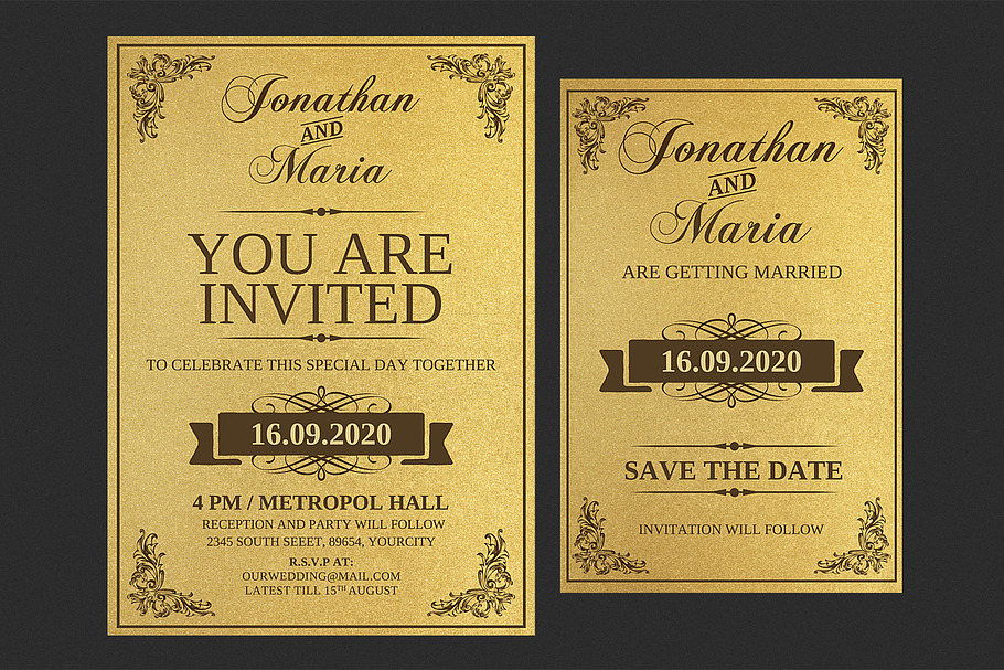 Gold Wedding Invitation Set | Creative Wedding Templates ~ Creative Market