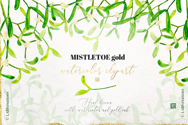 Mistletoe gold. watercolor clipart