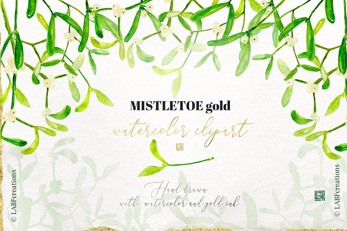 Mistletoe gold. watercolor clipart in Illustrations - product preview 8