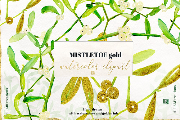 Mistletoe gold. watercolor clipart in Illustrations - product preview 1