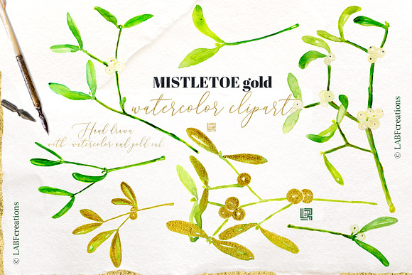 Mistletoe gold. watercolor clipart in Illustrations - product preview 2