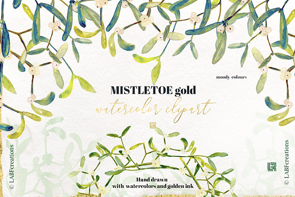 Mistletoe gold. watercolor clipart in Illustrations - product preview 4