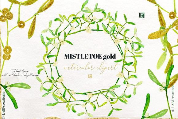 Mistletoe gold. watercolor clipart in Illustrations - product preview 5