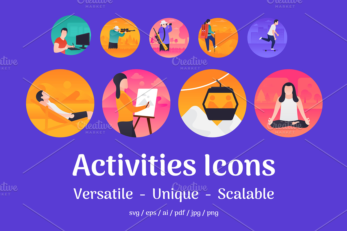 60 Flat Activities Icons in Icons - product preview 8