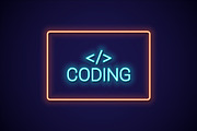 Coding neon sign. Pc monitor.
