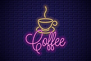 Coffee neon banner. Cup of coffee.
