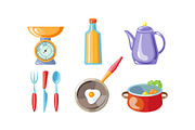 Kitchen utensil set, scales, bottle